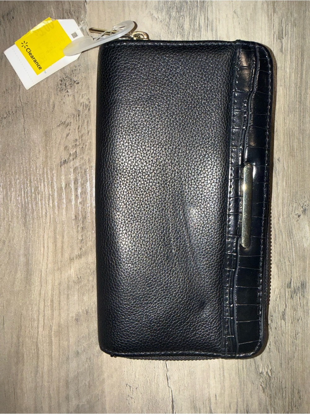Unbranded Black Faux Leather Zip‎ Around Wallet Croc Accent Checkbook Clutch